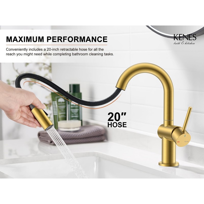 KENES Brushed Gold Single Handle Bathroom Faucet with Pull Out