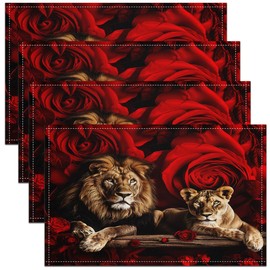 Feelyou Lion Placemats Set of 4 Red Rose Floral Placemat for Kitchen Dining Table 18"x12" 3D Wild Animal Pattern Table Place Mats Romantic Flower Indoor Outdoor Decor Table Mats Valentine's Day