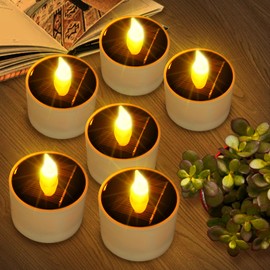 Luces solares para velas al aire última intervensión, impermeables, paquete de 6 luces recargables parpadeantes de té, velas LED reutilizables, sin llama, lámpara nocturna, para linternas, jardín,