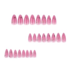 IMSOHOT Pink Press on Nails Medium Almond Fake Nails with Golden Star Designs Full Cover Glossy Acrylic False Nails Finger Manicure for Women Girls Ombre Cute Glitter Glue on Nails 24Pcs