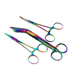GERMAN STAINLESS LISTER BANDAGE SCISSORS 7.25" + HEMOSTAT FORCEPS STRAIGHT + CURVED MULTI COLOR RAINBOW COLOR STAINLESS STEEL -A+QUALITY GUARANTEED (SET OF 3) … …