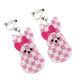 Easter Bunny Earrings Gifts for Women Clip on Dangle Earring Non Pierced Glitter Acrylic Sparkle Colorful Rabbit Spring Christian Baptism Holiday Party Festive Jewelry-C