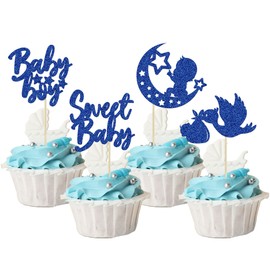 24 piezas de decoración para cupcakes de bebé con purpurina y estrella de luna, decoración para baby shower, baby shower, suministros para fiestas de cumpleaños, color azul oscuro