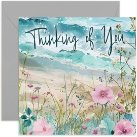 Charming Floral Seaside Themed Thinking of You Card - Sympathy Cards for Men and Women - Beautiful Whimsical Flower Ocean Scene Artwork for Friend Family Member | Blank Inside