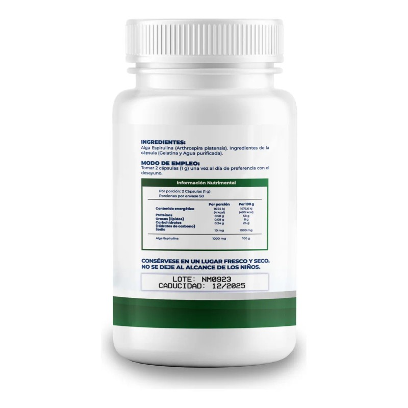 Alga Espirulina Orgánica 500 Mg - 100 Cápsulas Por Frasco