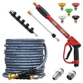 TechSweepPro 5000PSI Pressure Washer Gun and Hose Kit, 50FT Kink Resistant Steel Braided Power Washer Hose with 3/8" Swivel Quick Connector and M22 14mm Adapters Replacement/30 Extension Washer Wand