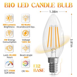 GvvooHome GvvooHome E12 Candelabra Bulb 40 watt, E12 LED Bulb Non-Dimmable Chandelier Light Bulbs, B10 Candle Light Bulbs 2700K Soft White, 90+CRI, 400LM, Cear Glass, 12 Pack