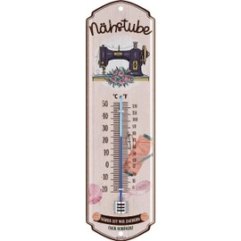 LANOLU Retro Tin Sign "NÄHSTUBE - NÄHEN IST WIE ZAUBERN Thermometer Gift for Seamstress - Decoration for Sewing Room, Farmhouse Decoration for Sewing Room, Gifts for Sewing Enthusiasts, 8 x 28 cm