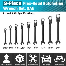 DURATECH 9-Piece Flex-Head Ratcheting Wrench Set, Combination Wrench Set, 72 Tooth, SAE, 5/16'' to 3/4'', Black Electrophoretic Coating, CR-V Steel, with Rolling Pouch