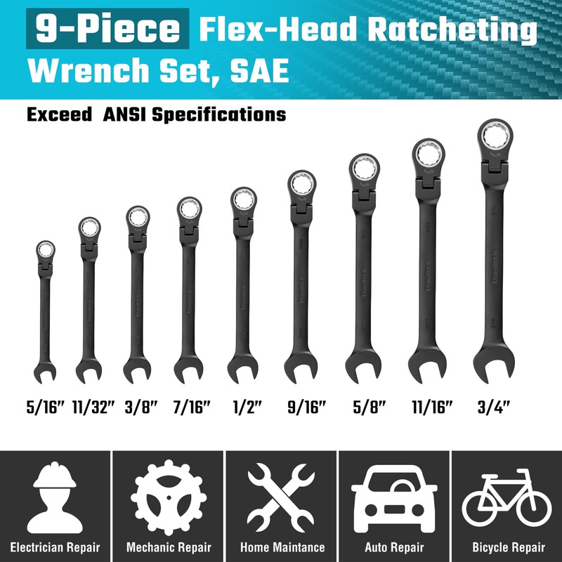 DURATECH 9-Piece Flex-Head Ratcheting Wrench Set, Combination Wrench Set, 72