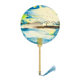 Pstang Chinese Lacquer Fan，Handmade Classic Round Hand Fan，Double-Surface Painting On Semi-raw Rice Paper With Bamboo Fan Rib，Diameter 7.9in/38CM (Chinese style architecture A)