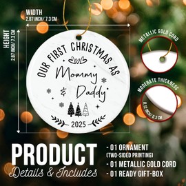 Baby First Christmas Ornament 2025 - Family Christmas Ornaments - First Time Parents Gifts - 1st Mom, Dad Gifts - Merry Xmas Mommy and Daddy - Family of Three Xmas Ceramic Ornament 2025