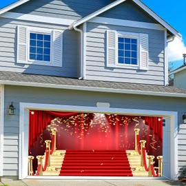 8 x7 ftRed Carpet Garage Door Decorations, Red Curtain Staircase Movie Star Garage Outdoor Decoration, Movie Night Golden Glitter Event Outdoor Party Supplies with Rope