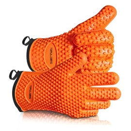 Silicone Gloves Oven Mitts Heat Resistant BBQ Smoker Grill Gloves Handle Hot Food Pulled Pork Gloves for Cooking Baking Grilling Barbecue Potholder Five Finger Gloves with Inner Cotton Layer - Orange