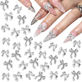 Mxxipp 60pcs Bow Nail Art Charms for Women Girl, 3D Bowknot Rhinestones, Alloy Ribbon Bow Nail Decoration Supplies 3 Styles for Manicure DIY Craft - Silver