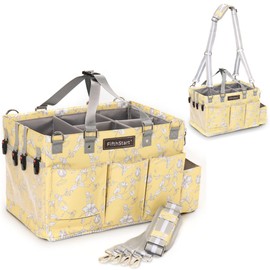 FifthStart Multi-Purpose Cleaning Caddy with Waist, Shoulder Strap, Mesh Base & 9 Pockets – Easy to Clean Diaper Caddy with Adjustable Compartments (Yellow Floral, X-Large)