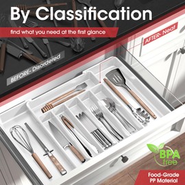 Aujen Silverware Organizer - Expandable Kitchen Drawer Organizer, Adjustable Utensil Organizer, Cutlery Tray for Forks, Knives, Multipurpose Kitchen Organizers and Storage Solution, White, Large