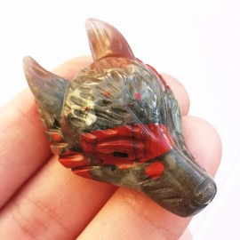 Manekieko Natural African Bloodstone 40mm Wolf Head Pocket Crystals and Healing Stone Figurine,Haped DIY-Jewelry Pendant