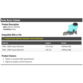 Marketplace Auto Parts Brake Master Cylinder - Compatible with 1996-2000 Toyota 4Runner (with 4-Wheel ABS)