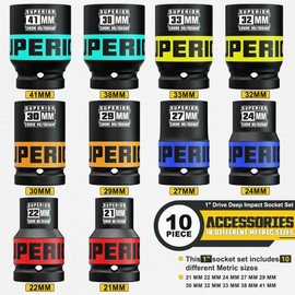 Aiourx 10 Piece 1" Drive Impact Socket Set, 21 mm-41 mm Jumbo Socket, Metric, 6-Point, Heavy Duty CR-MO, Large Automotive Repairs, Truck, Excavators