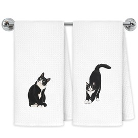 Exqcom Funny Tuxedo Cat Kitchen Towels Set of 2, Cat Lover Mom Lady Gifts Hand Towels for Bathroom Kitchen, Black and White Kitty Kitten Decorative Dish Towels Drying Cloth, 16x24 Inch Set of 2