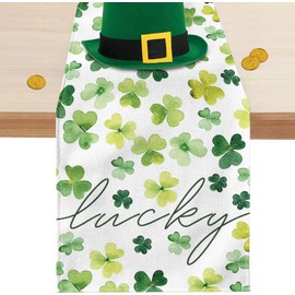 Jbralid St. Patrick's Day Table Runner Green Lucky Clover Shamrock Spring Table Cloth Decorations for Home Dining Room Party Decor 13x72 Inch