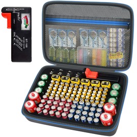Battery Organizer Storage Holder Case Box with Tester Checker BT-168. Holds 136+ Batteries AA AAA C D Cell 9V 3V Lithium (Blue)