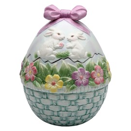 StealStreet SS-CG-10279 7.38" Ceramic Egg Shaped Cookie Jar with Flowers and Rabbits