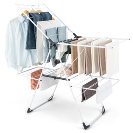 Tangkula Laundry Drying Rack, Foldable Clothes Drying Rack with Height Adjustable Wings, 33 Drying Rails & Sock Clips, Freestanding Gullwing Garment Stand for Indoor & Outdoor Use (White+Grey)