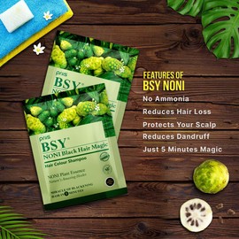 BSY Noni Black Hair Magic Hair color shampoo (20ml x 6 Sachets)| Ammonia Free Hair Colour for men|Natural Black Permanent Hair Dye Shampoo for women| Noni Fruit Hair Dye| 5 Minutes Hair Colour