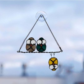HEDYANER Multicolor Owls on a Wire High Stained Glass Suncatcher Panel, Bird Suncatcher for Windows Doors Room Home Decoration Hummingbird Ornamentand Gifts for Bird Lovers