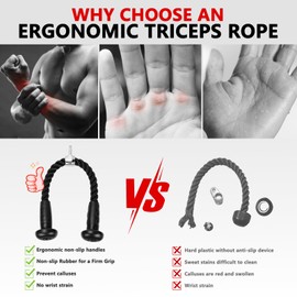 Hikeen Ergonomic Tricep Rope Cable Attachment with Anti-Slippery Rubber Grip,Tricep Pull Down Attachment -Reduces Wrist Pressure and Skin Rubs,Tricep Pull Down Rope for Gym & Home Gym with Carabiner
