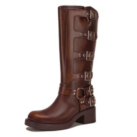 Athlefit Women's Knee High Riding Boots Fashion Buckle Square Toe Chunky Heel Wide Calf Biker Brown Boots Size 7