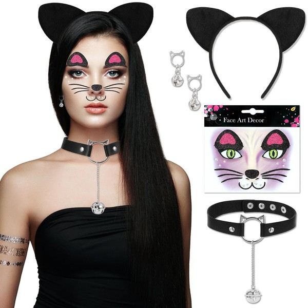 DPKOW Cat Ears Headband Face Tattoo Cat Collar Earrings for Women Christmas Carnival Costume Accessories Headdress Cats