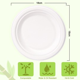 GREENESAGE Disposable Plates 100 Pieces Paper Plates 18 cm White Round Small Disposable Plates Disposable Tableware Sugarcane Disposable Tableware Party Plates Biodegradable Disposable Tableware Paper Plates Pack of 100