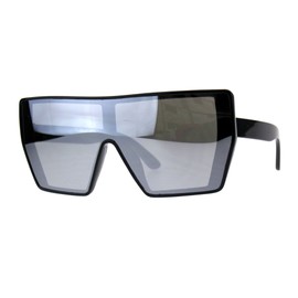 Extra Oversized Fashion Sunglasses Square Shield Frame Black, Silver Mirror