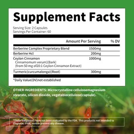 Berberine Supplement - Berberine 1500mg Per Serving,120 Capsules - Berberine HCI - Berberine Plus - Plus Pure True Ceylon Cinnamon, Berberine HCI Root Supplements Pills
