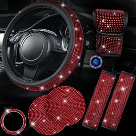 CAR PASS 7 PCS Bling Red Steering Wheel Cover Set for Women, Sparkly Rhinestone Diamond Bling Seat Belt Cushion, Glitter Shift Knob Cover, Car Cup Holder Coaster, Cute Interior Sets Red 14.5"-15"