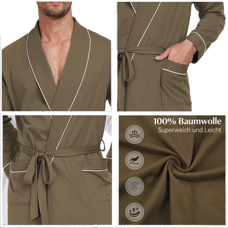 COLORFULLEAF Men's Bathrobe, 100% Cotton, Lightweight Sauna Bathrobe, Dressing Gown