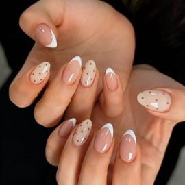 SXVME Uñas postizas blancas con punta francesa almendra, cortas con lunares, con diseños, marrones, reutilizables, brillantes y suaves, con gel adhesi