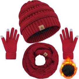 Winter Beanie Hat Scarf Gloves, Warm Fleece Knit Winter Hats Touch Screen Gloves Neck Scarf Set Winter Gifts for Unisex Adult Red
