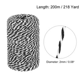 MECCANIXITY Cotton Rope Twisted Braided Rope Cord, Black and White 200M/218 Yard 2mm Dia for Wall Hanging, Plant Hanger, Knitting, Macrame Knotting