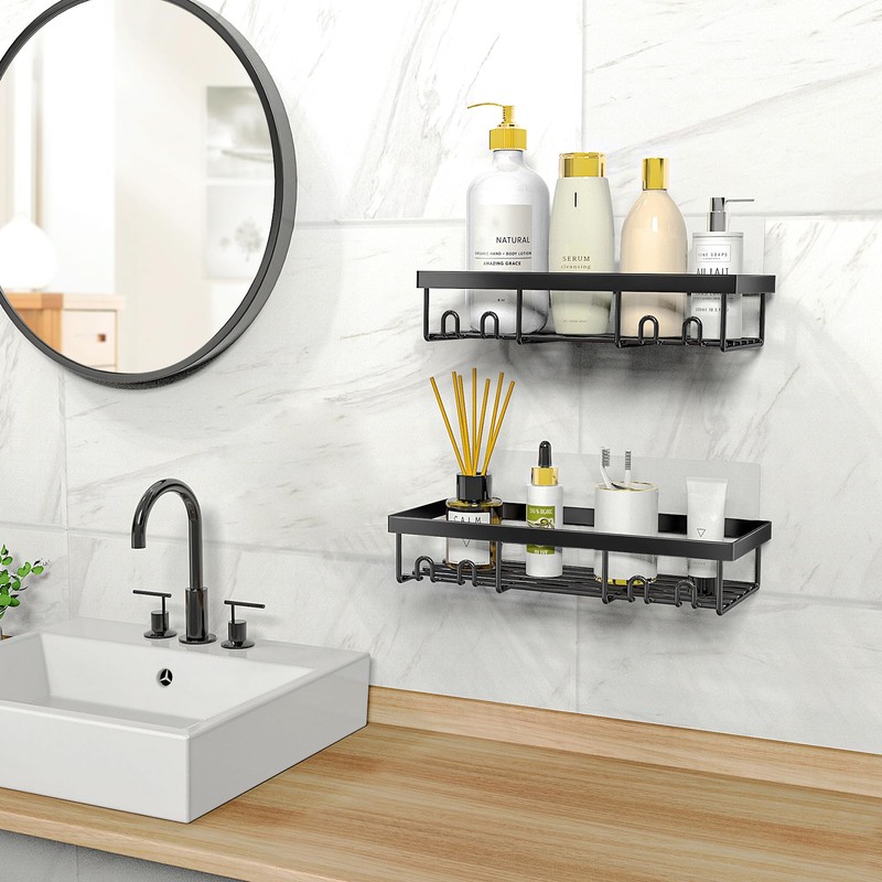 Moforoco Large Shower Caddy Shelf Organizer Rack, Self Adhesive Black