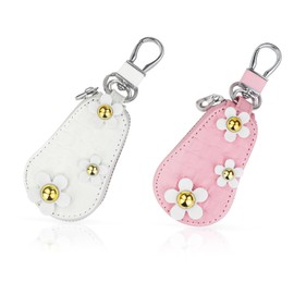 Energather 2 Pack Car Key Case, Universal Premium PU Leather Car Key Fob Case, Cute Small Keys Pouch with Keychain, Portable Keys Organiser Keyring Pouch with Zipper (Pink+White)