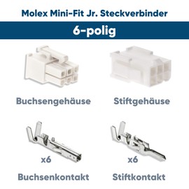 Kalitec KALI-2406 Mini-Fit Jr. Set of 6 Pin Nylon I Car Cable Connector I Voltage 600 V I Rated Current 13 A I AWG 24-18 I Mini Plug for Hard Drives, LED and RGB Lighting I Pitch 4.2 mm