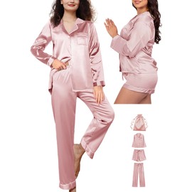 WJing Yi Jia 4Pcs Womens Silk Pajamas Set XS-XXL Satin Pajama Sets for women Silky Pj Set Sleepwear Pjs Nightwear Loungewear Pale Rose