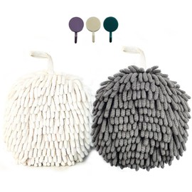 ACOCPOL Chenille Hand Towel, Clutch Cute Flat Ball Shape, Thickened Sponge Instant Absorbent Quick-Drying Hand Towel, Kitchen Bathroom Hanging Convenient Quick-Drying Hand Towel (White Gray)