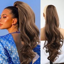 Highlight Brown Mixed Blonde Wavy Layered Drawstring Ponytail Extension for Black Women,Synthetic Curly Multi Layered Blonde Ponytail Extension Clip in Wavy Ponytail Hair Fit for Daily 26inch