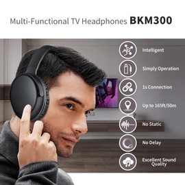 BKM300 Wireless TV Headphones with Bluetooth USB Transmitter, Simple Operation, 165ft (50m) Wireless Range, No Static & No Delay