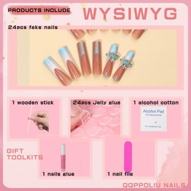 QQPPOLIU Square Press on Nails Long Nails Press Ons with Design Rhinestone Glue on Nails French Tip Nails for Women 24pcs (Seafoam)